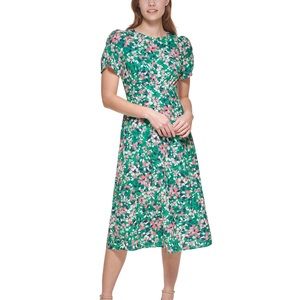 Printed Tulip Sleeve Midi-Dress